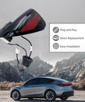 Slick Rear Left Charging Port Door Assembly For Tesla Model 3 And Model Y Years 2017 Through 2023, black finish with connected wiring.