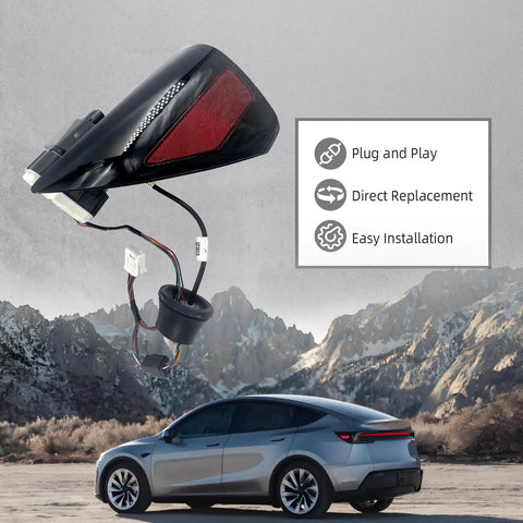Slick Rear Left Charging Port Door Assembly For Tesla Model 3 And Model Y Years 2017 Through 2023, black finish with connected wiring.