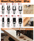 Wood plug cutters set displayed with usage examples on wood, included in the 34 Pack Woodworking Drill Bit Set With Countersinks, Plug Cutters, Stop Bit Collars And Step Bits, All In One Handy Kit For Woodworking, DIY Projects, Furniture Making, Cabinets, And Pro Workshops.