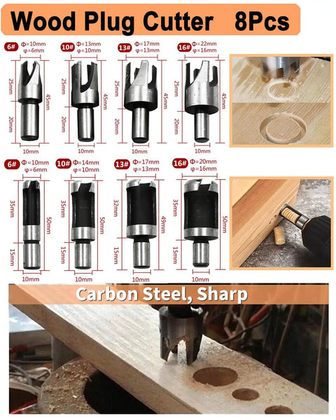 Wood plug cutters set displayed with usage examples on wood, included in the 34 Pack Woodworking Drill Bit Set With Countersinks, Plug Cutters, Stop Bit Collars And Step Bits, All In One Handy Kit For Woodworking, DIY Projects, Furniture Making, Cabinets, And Pro Workshops.