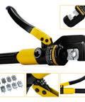 Hydraulic Crimping Tool And Cable Cutter Kit For 12-2/0 AWG Wire With 64 Copper Ring Terminals Pro Grade Heavy Duty Crimper Set For Electrical Wiring Projects, black yellow hydraulic crimper with dies