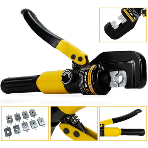 Hydraulic Crimping Tool And Cable Cutter Kit For 12-2/0 AWG Wire With 64 Copper Ring Terminals Pro Grade Heavy Duty Crimper Set For Electrical Wiring Projects, black yellow hydraulic crimper with dies
