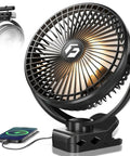20000mAh 8 Inch Portable Clip On Fan With Lights Battery Powered USB Desk Personal Quiet Fan For Office Stroller Bedroom Camping All Day Breeze Also Doubles As A Power Bank shown with clip and charging port
