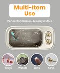 Dope Ultrasonic Jewelry Cleaner 48KHz High Frequency Deep Clean in Stainless Steel Tank shown with jewelry, watch, lens, keys