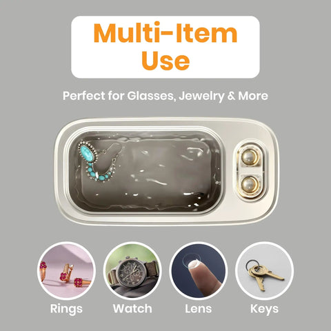 Dope Ultrasonic Jewelry Cleaner 48KHz High Frequency Deep Clean in Stainless Steel Tank shown with jewelry, watch, lens, keys
