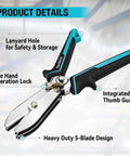 Close-up of 5-Blade Sheet Metal Crimper for Ductwork and HVAC with ergonomic TPR grip handles and 1.7-inch throat