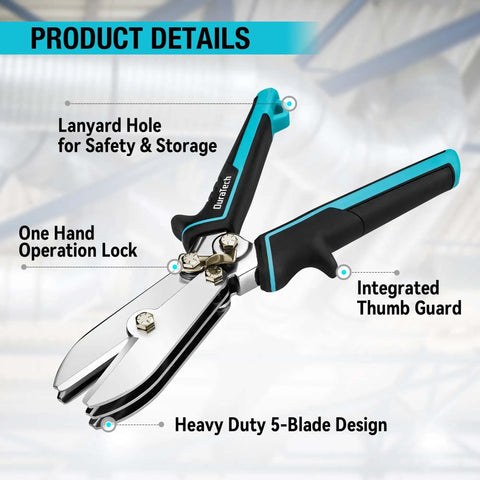 Close-up of 5-Blade Sheet Metal Crimper for Ductwork and HVAC with ergonomic TPR grip handles and 1.7-inch throat