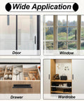 4 Pack Peel And Stick Cabinet Handles Adhesive Drawer Pulls For Kitchen Cabinets Doors And Windows Black Finish Easy Install Durable ABS Plastic shown in use on door, window, drawer, and wardrobe.