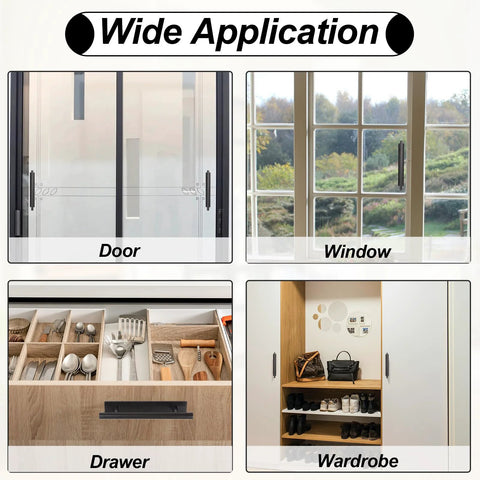 4 Pack Peel And Stick Cabinet Handles Adhesive Drawer Pulls For Kitchen Cabinets Doors And Windows Black Finish Easy Install Durable ABS Plastic shown in use on door, window, drawer, and wardrobe.