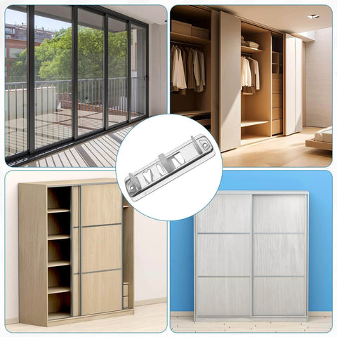 Sliding Closet Door Floor Guide Kit For 3/4 Inch To 1-3/8 Inch Doors, Adjustable Stamped Steel, White 2 Pack, Compatible With Prime-Line N 6560, shown in various closet settings.