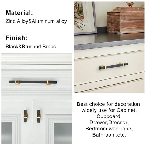 10 Pack 5 Inch Center Hole Black And Gold Cabinet Pulls installed on white cabinets with zinc alloy base and matte finish