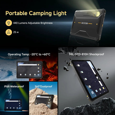 Hardcore Rugged Tablet With 10.95 Inch Screen Running Android 15 Packing 20 GB Ram And 256 GB Storage displayed with portable camping light features.