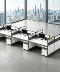 Game Changer Six Person Modular Office Workstation With Tempered Glass Privacy Screens And Smart Usb Charging Hub Plus Rock Solid Rolling Storage Cabinet For Fresh Commercial Layouts in modern office setting with city view.