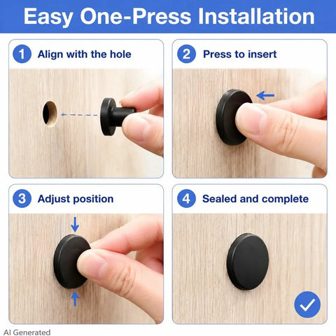 Step-by-step guide using the 76Pcs Black T Type Silicone Hole Plug Kit With 7 Sizes From 1/4 Inch To 1 Inch on a wooden panel.