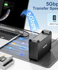 No Sweat Dual Bay Raid Enclosure For 3.5 Inch SATA Hard Drives With Chill Cooling Fan connected to a laptop showing transfer speed.