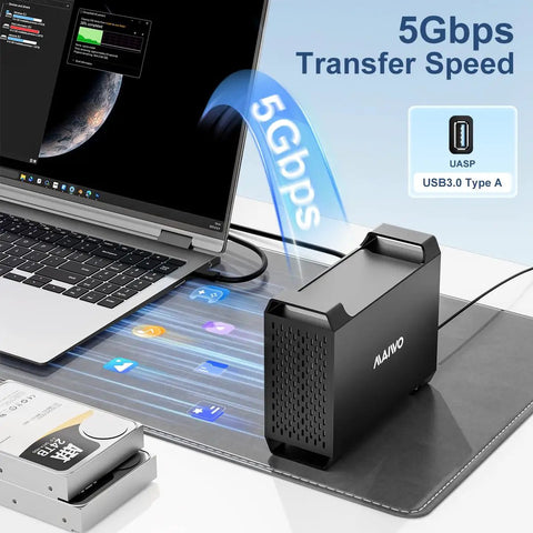 No Sweat Dual Bay Raid Enclosure For 3.5 Inch SATA Hard Drives With Chill Cooling Fan connected to a laptop showing transfer speed.