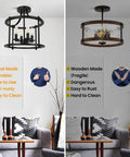 Comparison of metal and wooden ceiling lights, featuring Farmhouse Semi Flush Mount Light Four Light Matte Black Industrial Ceiling Fixture E12 Base Rustic Vintage Chandelier Style For Kitchen Dining Room Hallway Entryway Bedroom Cozy Vibe on the left.
