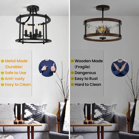 Comparison of metal and wooden ceiling lights, featuring Farmhouse Semi Flush Mount Light Four Light Matte Black Industrial Ceiling Fixture E12 Base Rustic Vintage Chandelier Style For Kitchen Dining Room Hallway Entryway Bedroom Cozy Vibe on the left.