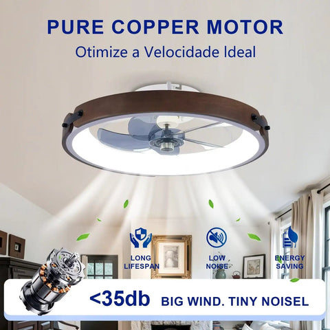 20" Walnut Flush Mount Ceiling Fan with LED Light, 6 Speed Reversible Quiet DC Fan Light Fixture, 3 Color Dimmable LED shown with pure copper motor.