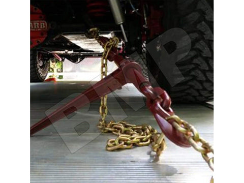 Set Of 4 Heavy Duty Chain Ratcheting Load Binders 5/16 To 3/8 Inch Tie Down Rigging Boomer Style For Rock Solid Hauling, red finish, under vehicle
