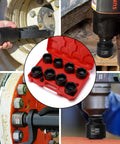 Heavy Duty Nine Piece Three Quarter Inch Drive Impact Socket Set With Half To Three Quarter Inch Adapter in use and case