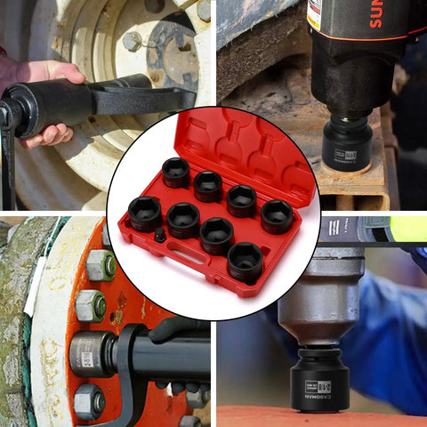 Heavy Duty Nine Piece Three Quarter Inch Drive Impact Socket Set With Half To Three Quarter Inch Adapter in use and case