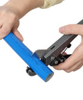 Cutting a blue 3/4 inch PEX pipe with cutter, part of Slick Pro Badass 3 4 Inch Pex Al Pex Air Compressor Piping Kit.