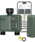 Smart WiFi Hose Timer With 2 Zones, Long Range 984ft RF, App And Voice Control With Alexa Google Tuya, shown with smartphone app control screen.