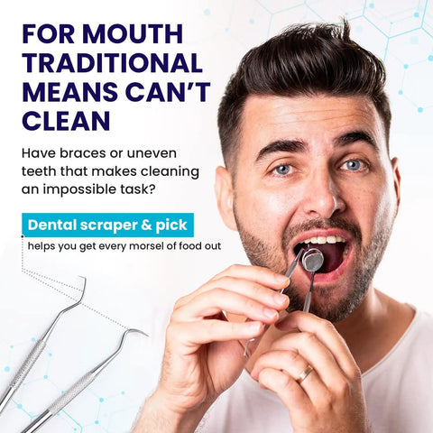 Man using Pro Grade At Home Dental Tools Kit With Plaque Remover, Teeth Cleaning Pick, Stainless Steel Mirror, Scraper, and Scaler