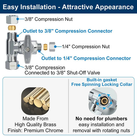 Add A Tee Brass Angle Stop Valve Three Eighths By Three Eighths By One Quarter Compression Tee For Fridge Ice Maker RO Systems Easy Install 3 Way Diverter Water Line Splitter For Water Filters, chrome brass tee valve with 3/8 and 1/4 connectors