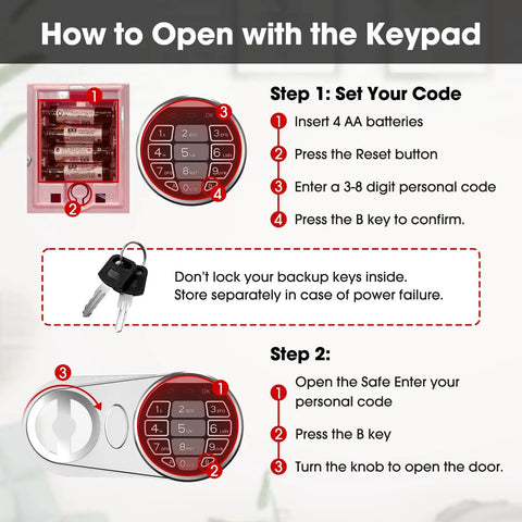 Infographic showing how to set digital lock code on Compact Kid Safe For Money With Digital Lock And Code Mini Safe Box For Cash And Personal Items At Home Pink Measures 6.69 By 9.05 By 6.69 Inches Fits Under Table Or Closet.