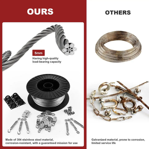 Comparison of our 304 stainless steel cable vs others for Indoor And Backyard Batting Cage Kit With Netting And Tension Wire Retractable Cable System