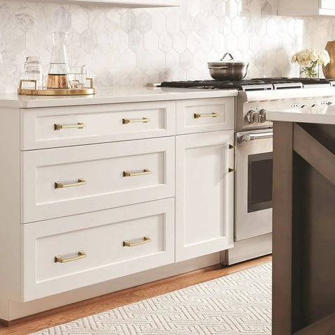 Kitchen cabinets with Gold Cabinet Handles Set 10 Pack 5 Inch Hole Center Drawer Pulls Modern Square Dresser Handles in zinc alloy.