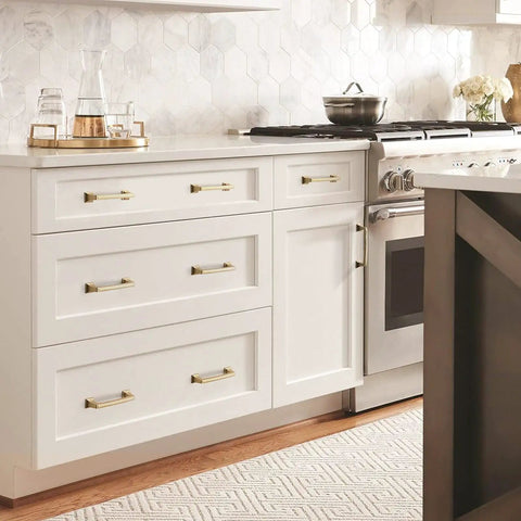 Looks Slick 15 Pack Matte Gold Cabinet Handles And Drawer Pulls 5 Inch Center To Center Modern Square Dresser Hardware in kitchen