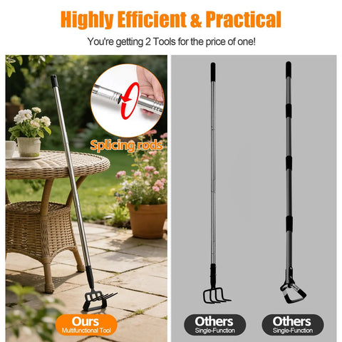 Two In One Heavy Duty Garden Hoe With Sixty Inch Adjustable Handle Stirrup Hoe And Cultivator Weeding Rake next to single tools.