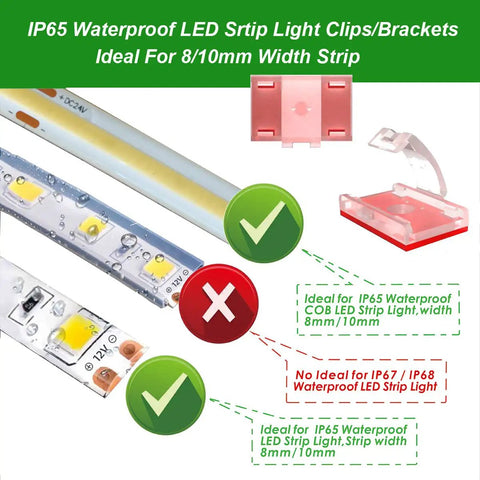 LED Strip Light Mounting Brackets And Clips 100 Pack Clear Self Adhesive And Screw Fixing Cable Organizer Clips for 8/10mm width.