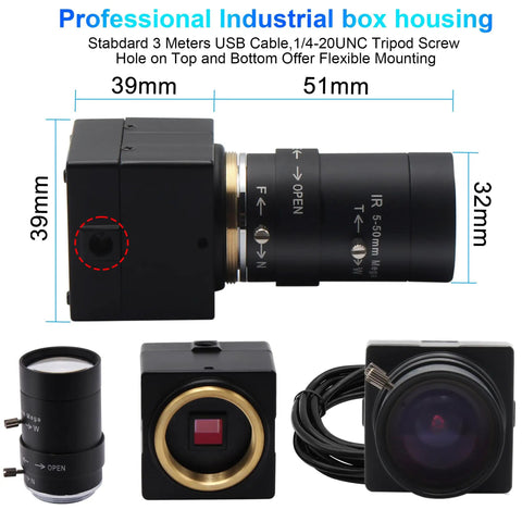 5-50mm Varifocal Lens Webcam With Full HD 1080P, 120fps High Speed USB Camera in aluminum case, front and side view