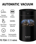 Top Shelf Automatic Vacuum Coffee Canister With Stainless Steel Build Digital Display showing vacuum preservation features.