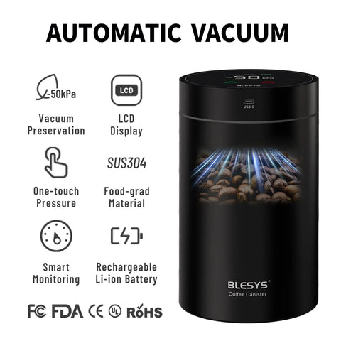 Top Shelf Automatic Vacuum Coffee Canister With Stainless Steel Build Digital Display showing vacuum preservation features.