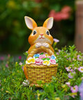 Outdoor Garden Solar Rabbit Light Statue With Lit LED Lighting Hand Painted Resin Bunny Decor in flower basket on lawn