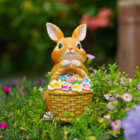 Outdoor Garden Solar Rabbit Light Statue With Lit LED Lighting Hand Painted Resin Bunny Decor in flower basket on lawn