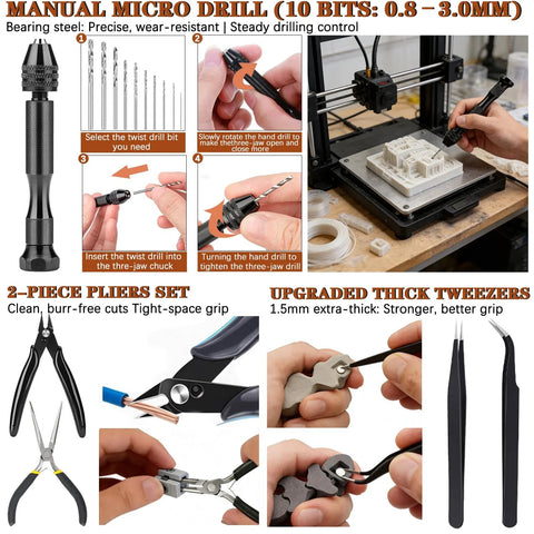 66-piece 3D printer tools kit with storage case; includes deburring tool, scrapers, files, brushes, tweezers and hand drill