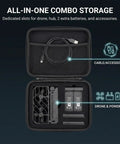Hard Case For Hover Air X1 Self Flying Camera Drone Gear Rugged Carry Case With Soft Microfiber Interior Storage Bag Battery Charging Hub And Accessory Organizer For Hover Air X1 Not For Pro Or Promax showing open top view with drone, hub, batteries, cable, accessory slots visible.