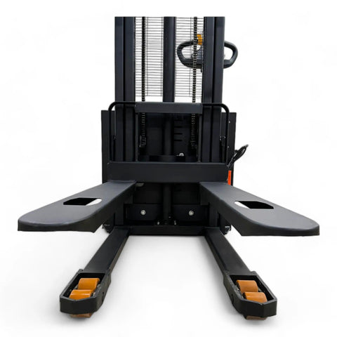 Front view of Fully Electric Thin Leg Pallet Stacker With 130 Inch Height Capacity And 3307 Pound Payload, showing forks ready for use.