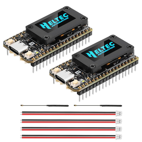 Two All-In-One ESP32 LoRa V4 Development Boards with SX1262, 0.96-inch OLED, and antennas for Meshtastic IoT projects