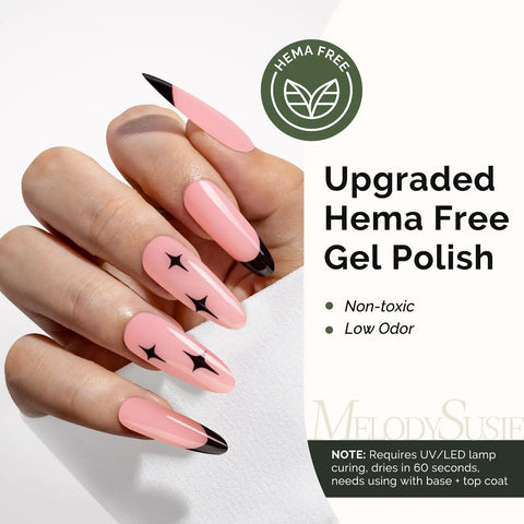 Hand with nails painted using HEMA Free Gel Nail Polish 0.5 Fl Oz Thick Beige Pink Soak Off UV Nail Polish Non Toxic Long Lasting Low Odor