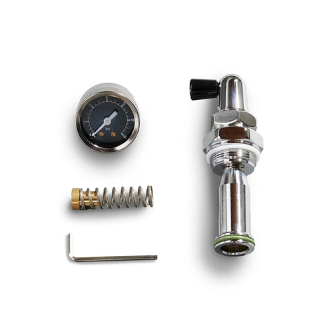 Alto Dual Boiler Espresso Machine With PID Control And Flow Adjustment For Top Shelf Precision Shots With Built In Timer and Pro Steam Paddle components including pressure gauge, valve, spring, and tool.