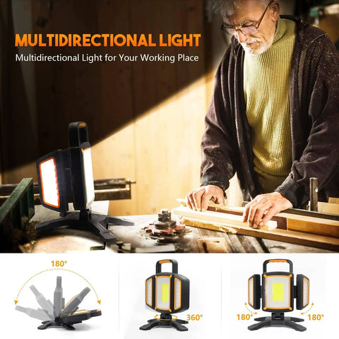 30W Rechargeable LED Work Light With 3000 Lumens in use on a workbench, showing magnetic base and foldable side lights.