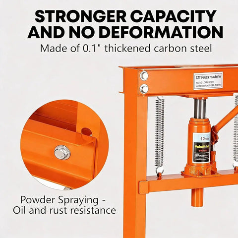 Heavy-Duty 12 Ton H Frame Shop Press For Metalworking And Auto Repairs In The Garage With Stable Floor Mount And Triangular Support Built To Handle Bearing Removal U-Joints Bending Straightening And Installing Parts with carbon steel frame