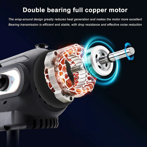 Heavy Duty Industrial Wall Fan With Remote Control And 3 Speeds Delivering Massive Airflow To Kick Up A Solid Breeze In Workshops Gyms And Homes Crank Down The Heat All Summer Long Wall Mount Saves Floor Space - Close-up of double bearing full copper motor.